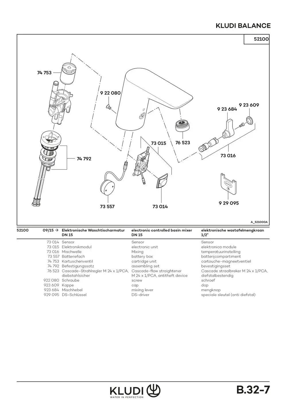 Technisches Diagramm eines elektronischen Wasserhahns von Kludi mit verschiedenen Komponenten und Bezeichnungen für die Installation und den Betrieb.